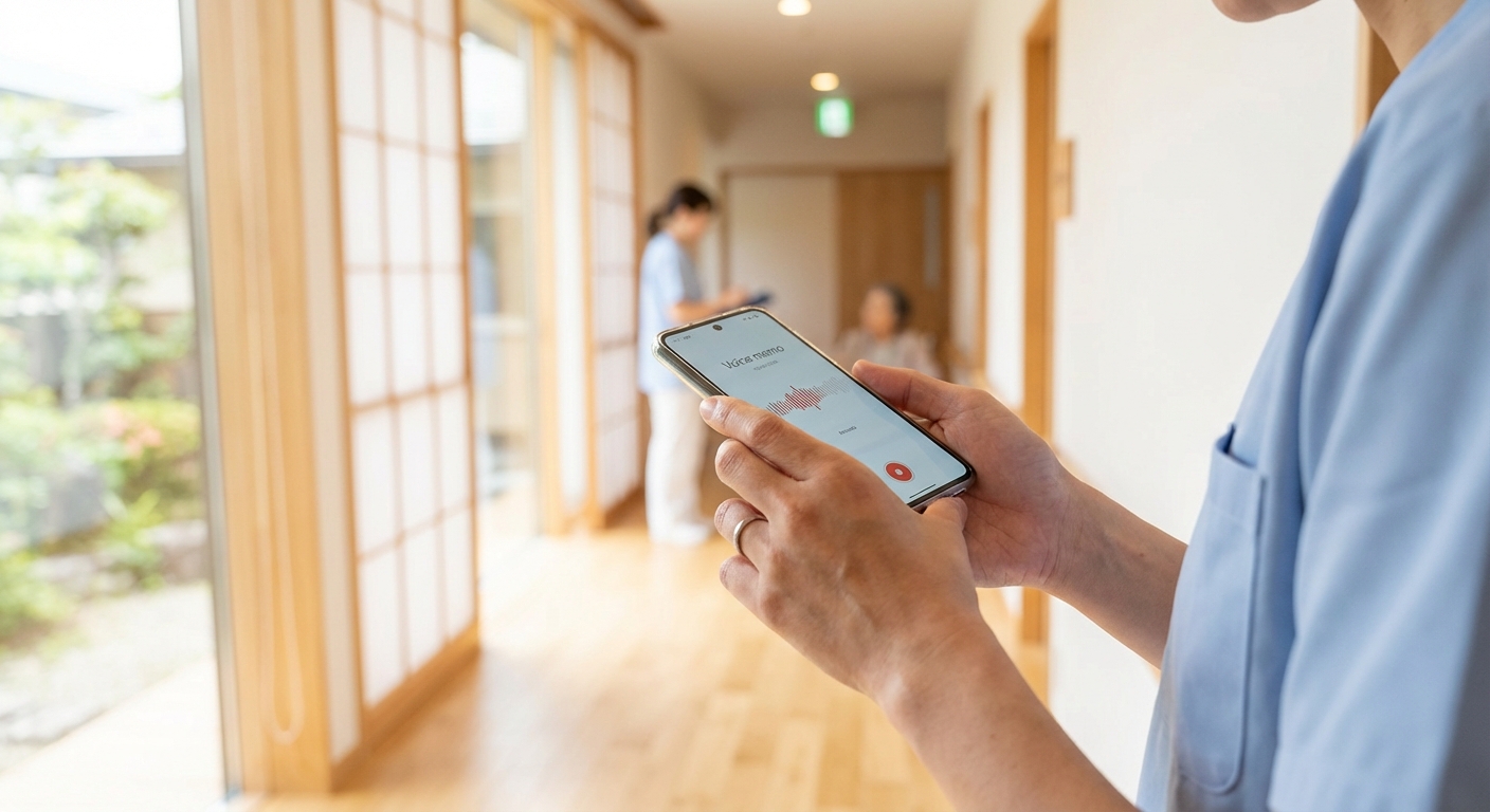 介護施設の廊下でスマートフォンに向かって音声入力する介護士